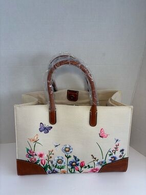 Avon “Bloom Into Style” Floral Tote  Handbag Beige Botanical Butterflies